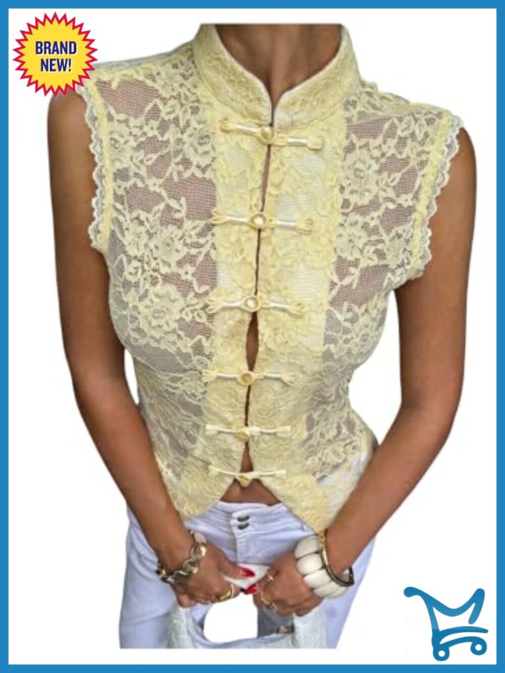 Womens Y2K Lace Tank Top Mock Neck Frog Button Sleeveless Going Out Vest